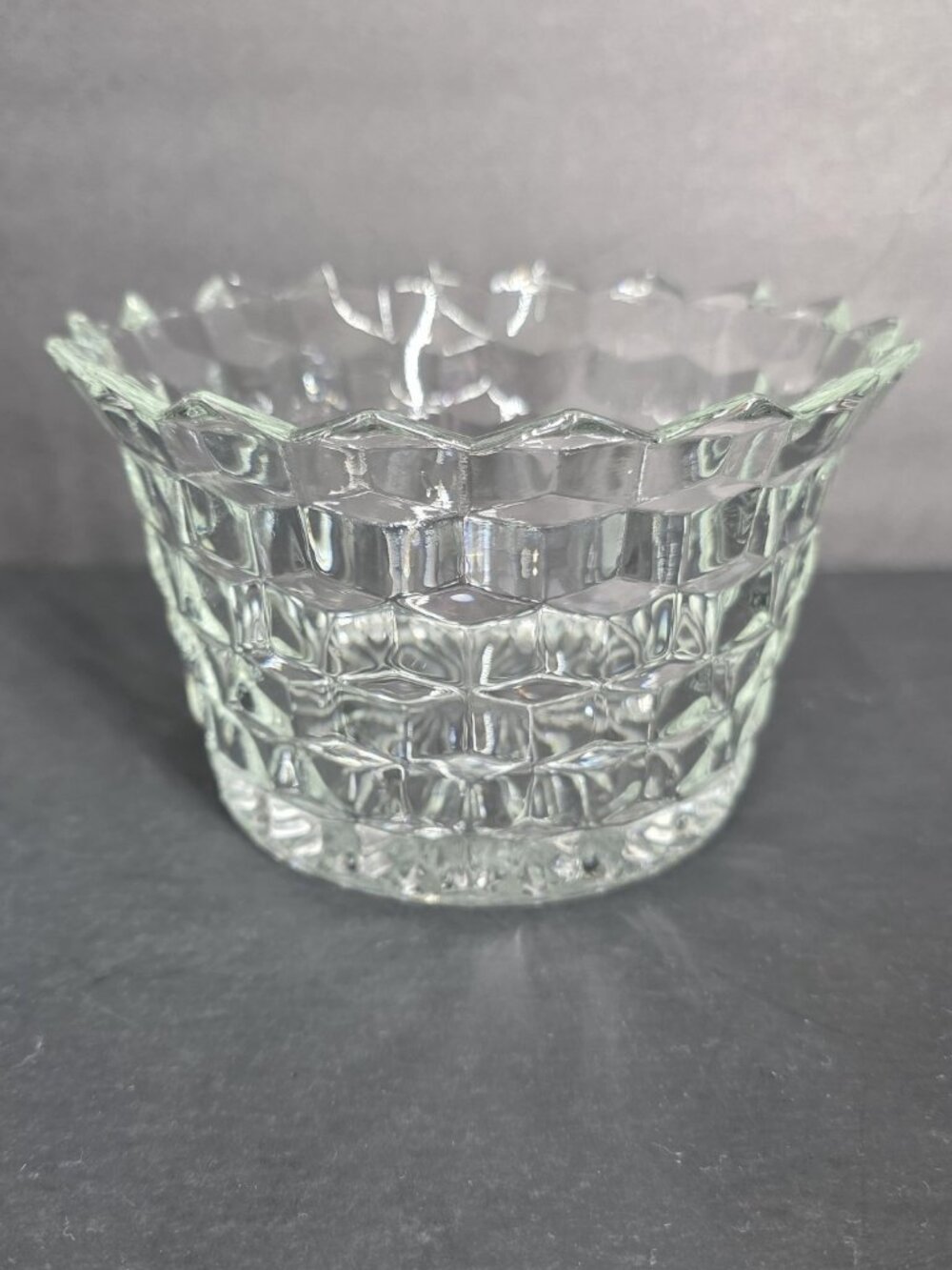 Colony Whitehall Clear Glass Compote Bowl Cubed Scalloped Edge American Fostoria